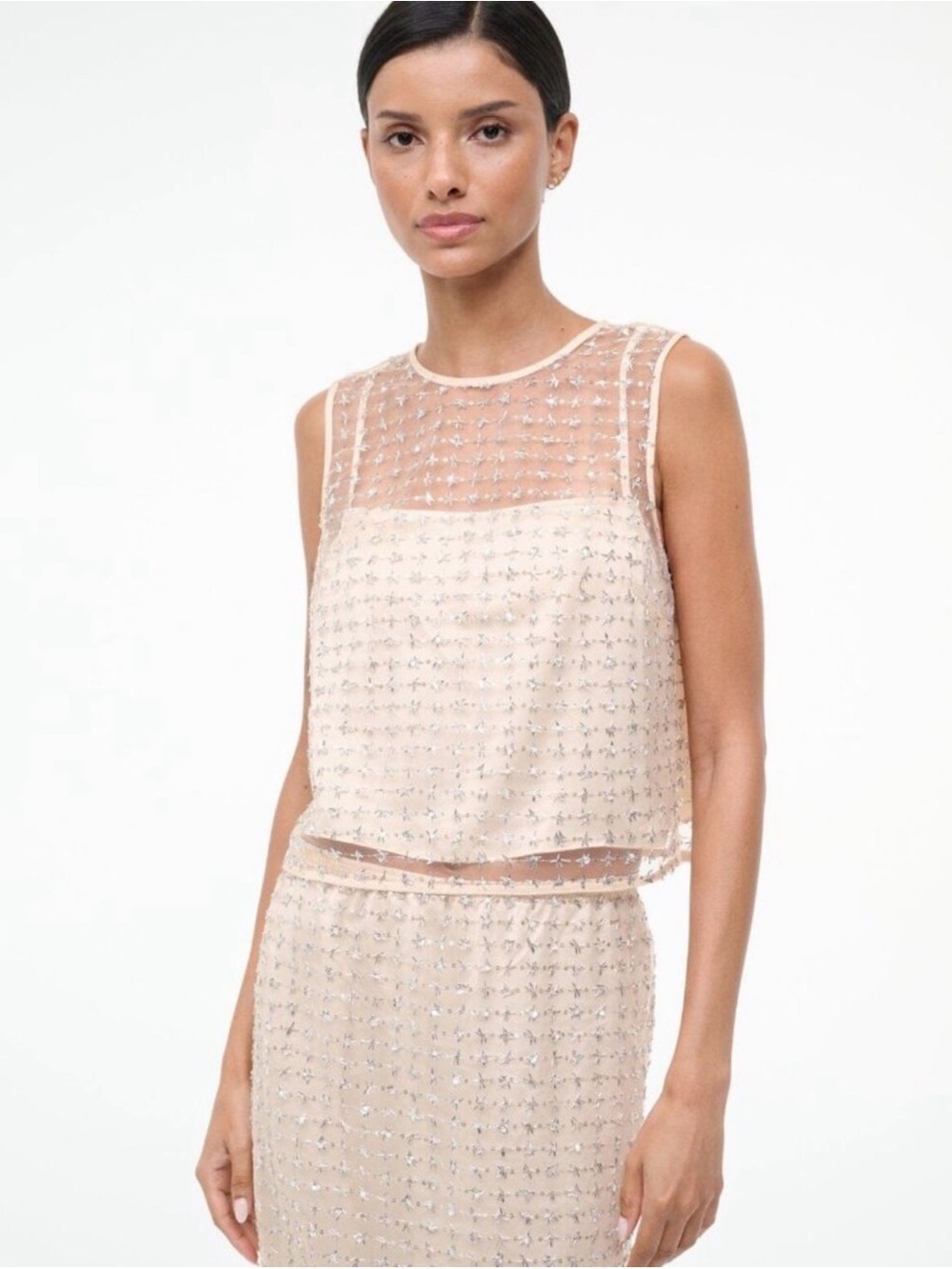 STAUD Beige Embellished Top and Bottom Matching Set